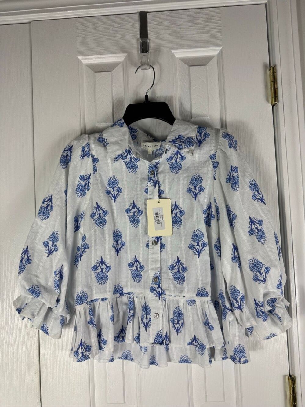 NWT Entro Botanical Print Womens Peplum Top Blue White Floral Size Small